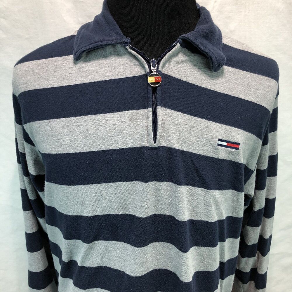 Tommy Jeans Gray Blue Stripe Vintage Long Sleeve 1/4 Zip Polo Sweater Medium DD1